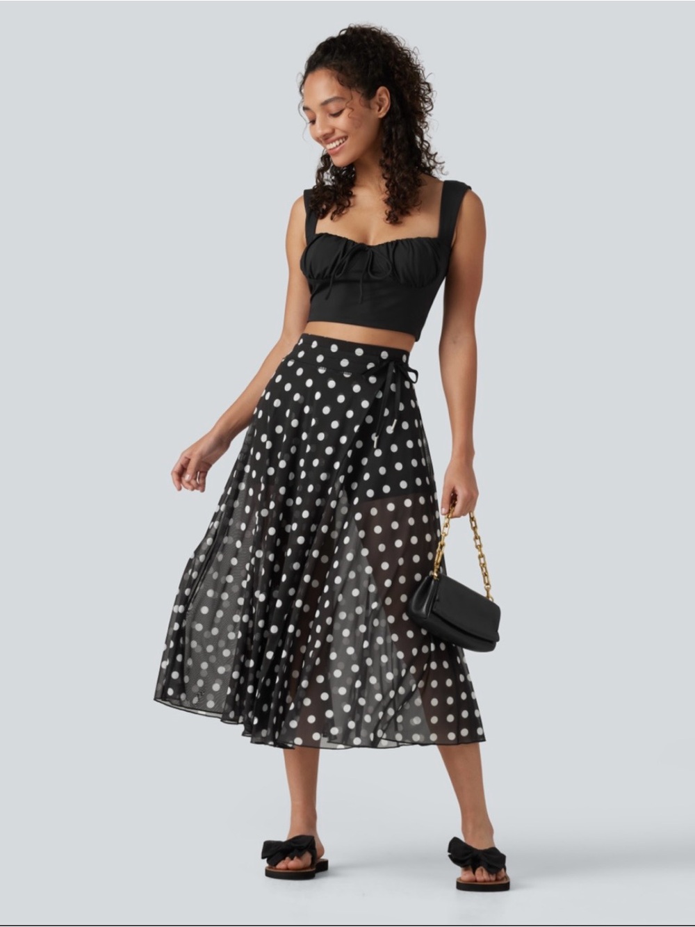 HALARA Black and White Polka Dot Midi Wrap Skirt